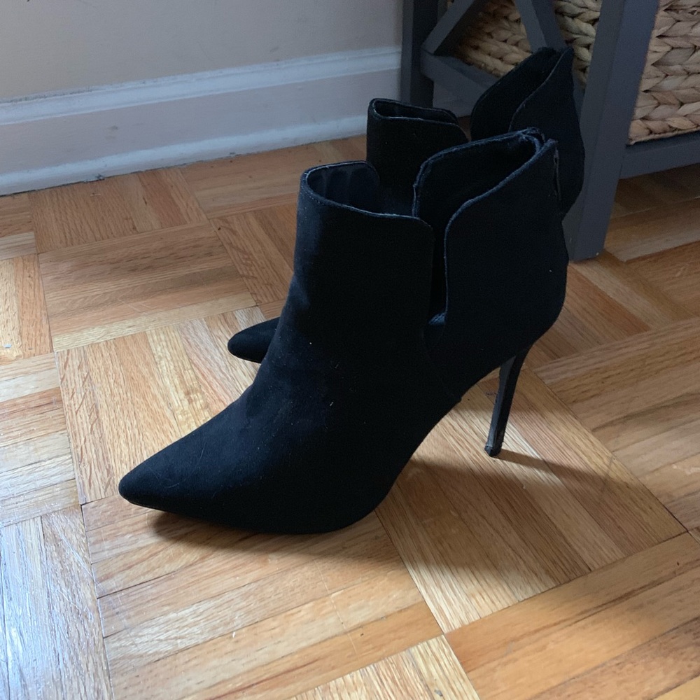 Black suede booties with side detail